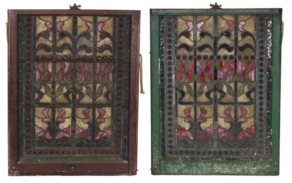 Matched Pair of Early Stained Glass Windows: Matched Pair of Early Stained Glass Windows. Upper & Lower. Flowing amber, two tone pink & green ripple glass pattern with creamy opaque background and amber jeweled borders. Windows are in very good