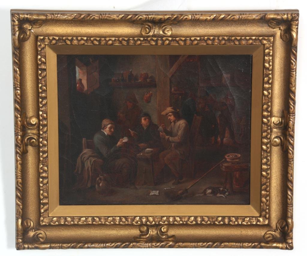 O/C After D. Tenier - Card Players: O/C After David Tenier - Card Players. Oil on canvas pub scene with a group of men seated at a table playing cards, a second group is gathered in another room in the background. This painting is by C.