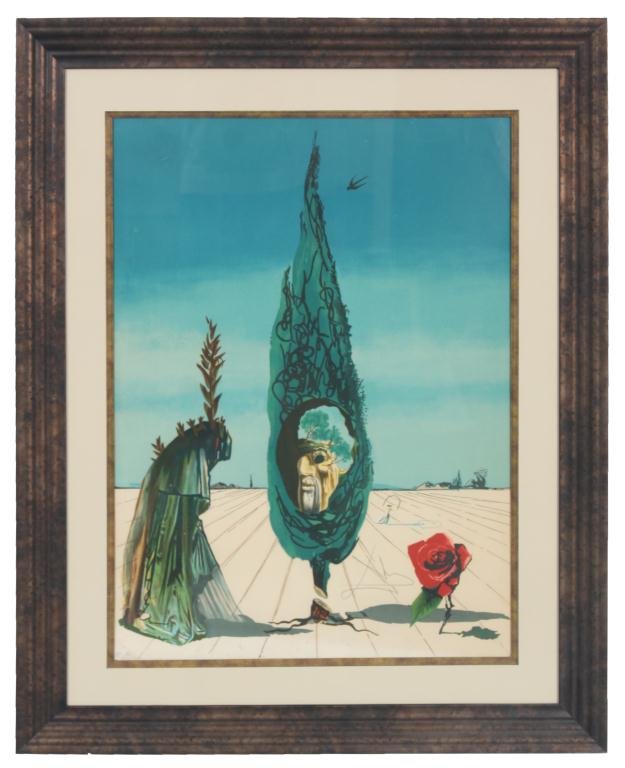 Salvador Dali Enigma Of The Rose: Salvador Dali Enigma Of The Rose. Hand signed lithograph, E.P. (European Artist Proof), circa 1976, from the Visions Surrealiste Portfolio. Colorful scene with a cloaked figure to the left, a single r