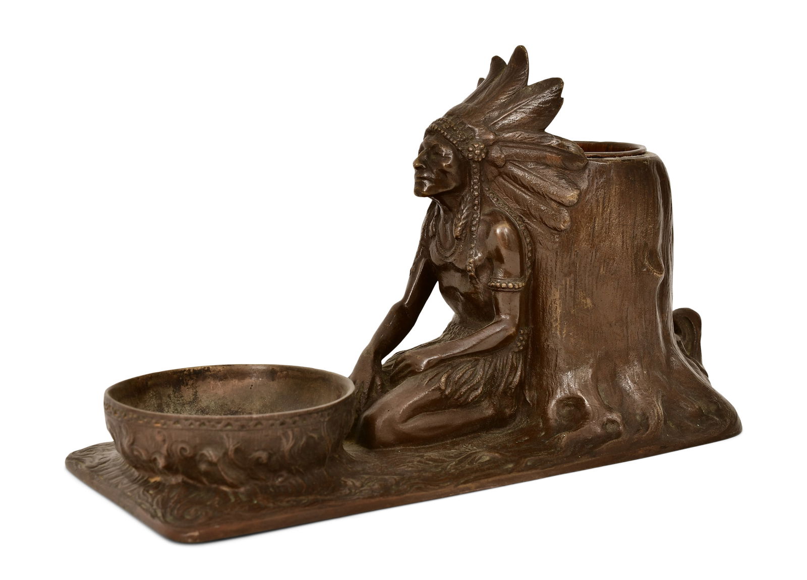 Tiffany Studios "Indian" Smoker's Companion: Tiffany Studios"Indian" Smoker's Companioncirca 1910patinated bronzecomprising a cigar holder with liner, ashtray and matchbox drawerimpressed "Tiffany Studios, New York, 908"6 1/2 x 10 1/2 x 4 1/2 in