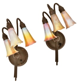 Tiffany Studios, Pair of Three-Light "Lily" Sconces