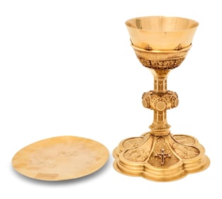 Gothic Revival 14K Gold Chalice & Paten