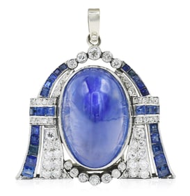 Platinum, Diamond, Sapphire & Ceylon Star Sapphire Art Deco Brooch/Pendant on 14K White Gold Chain
