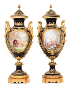 Two Sèvres-Style Gilt Bronze-Mounted Porcelain Covered Urns