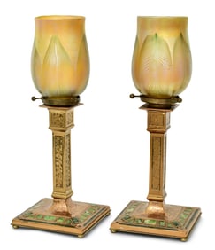 Pair of Tiffany Furnaces "Art Deco" Candlesticks with Quezal "Pulled Feather" Shades