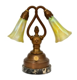 Two Tiffany Studios Decorated Favrile Glass "Lily" Shades with an American Brass Base