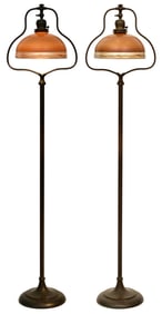 Handel / Quezal, Pair of "Harp" Floor Lamps with Decorated Shades
