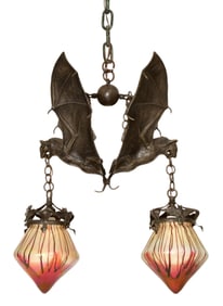 Austrian Bronze Double Bat Ceiling Light with Attr. Loetz Art Glass Shades