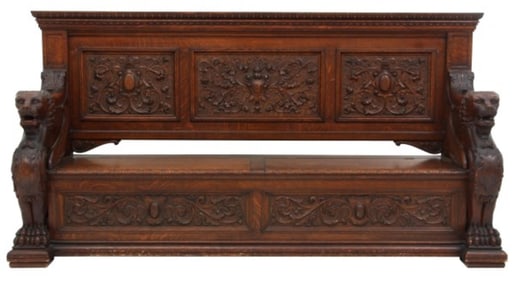 A Monumental American Carved Oak Hall Bench with Griffins