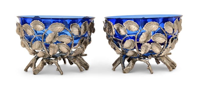 Pair of Buccellati Sterling Silver & Cobalt Blue Glass Naturalistic Bowls
