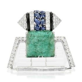 Platinum, Emerald, Sapphire, Black Onyx, Diamond & Rock Crystal Pin