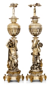 Pair of French Silver-Plated & Gilt Bronze Figural Lamps