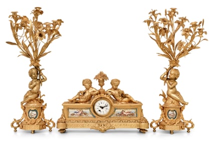 French Gilt Bronze & Porcelain Three-Piece Clock Garniture