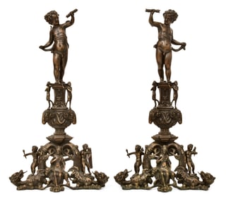 Pair of Italian Patinated Bronze Figural Andirons