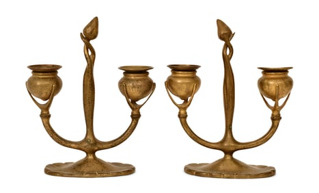 Tiffany Studios, Pair of "Bud" Double Candlesticks