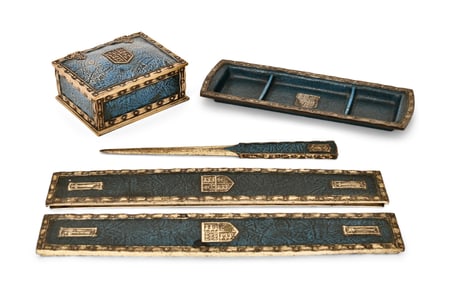 Tiffany Studios Five-Piece "Heraldic" Desk Set
