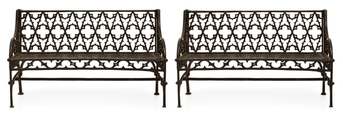 Pair of West Point Foundry Gothic Revival Cast Iron Benches, Cold Spring, New York
