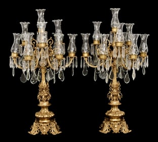 A Large Pair of French Gilt Bronze, Crystal & Etched Glass Candelabrums