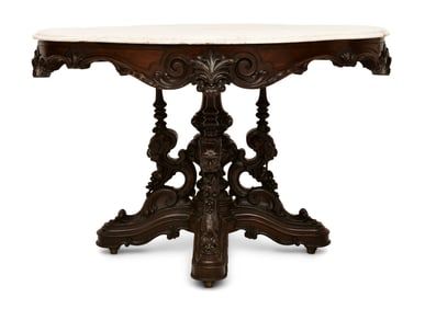 American Rococo Revival Rosewood Center Table with Marble Top