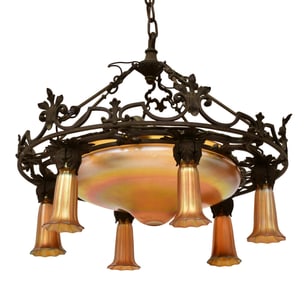 Quezal Art Glass & Bronze Chandelier