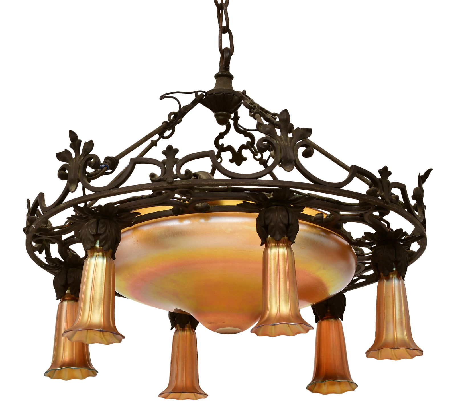 Quezal Art Glass & Bronze Chandelier (1 of 7)
