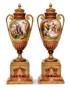 Pair of Royal Vienna Hand-Painted Porcelain Urns
