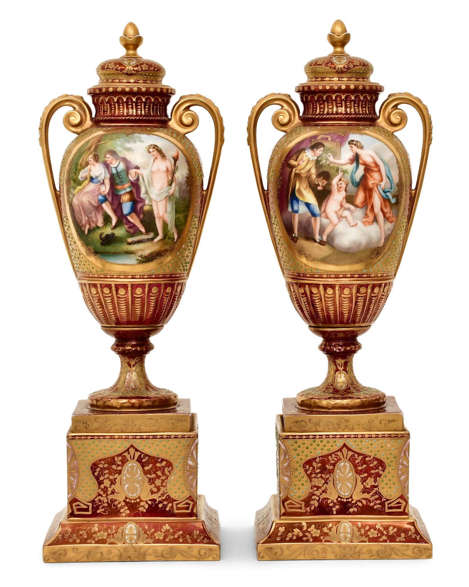 Pair of Royal Vienna Hand-Painted Porcelain Urns (1 of 9)