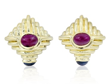14K Yellow Gold, Ruby & Sapphire Earrings