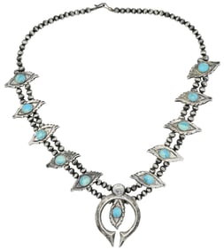 Sterling Silver & Turquoise Navajo Old Pawn Squash Blossom Necklace with Naja