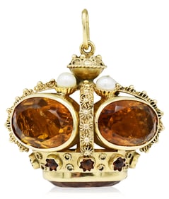 18K Yellow Gold, Citrine & Pearl Crown Pendant