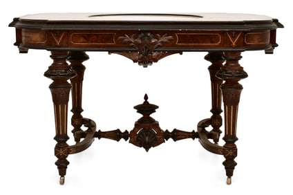 Renaissance Revival Parcel-Gilt, Ebonized & Burl Walnut Center Table