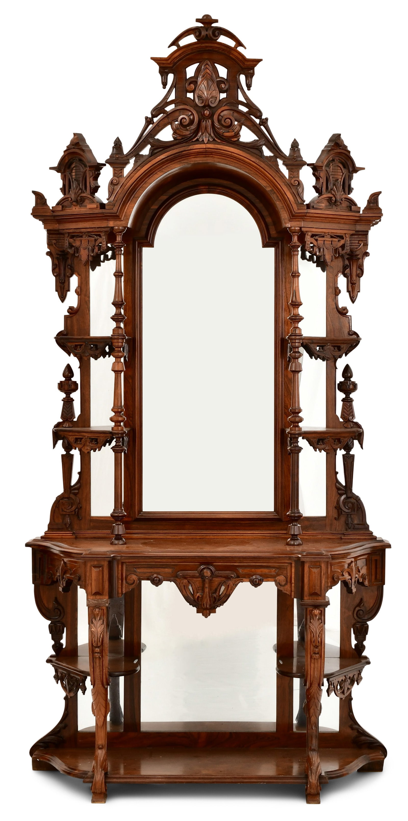 Renaissance Revival Rosewood Etagere: Renaissance Revival Rosewood Etagere circa 1870 the bonnet top having ornate pierced carved crest with seashell and scrollwork and bowed side crests at the top, the mirrored back has four shelves with