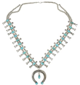 Sterling Silver & Turquoise Box Bow Style Squash Blossom Necklace C. 1940s