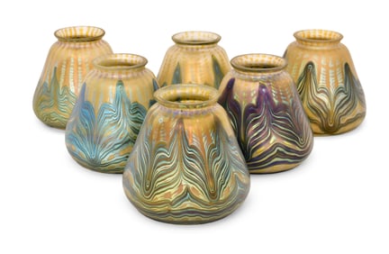 Set of Six Loetz Decorated Art Glass Shades