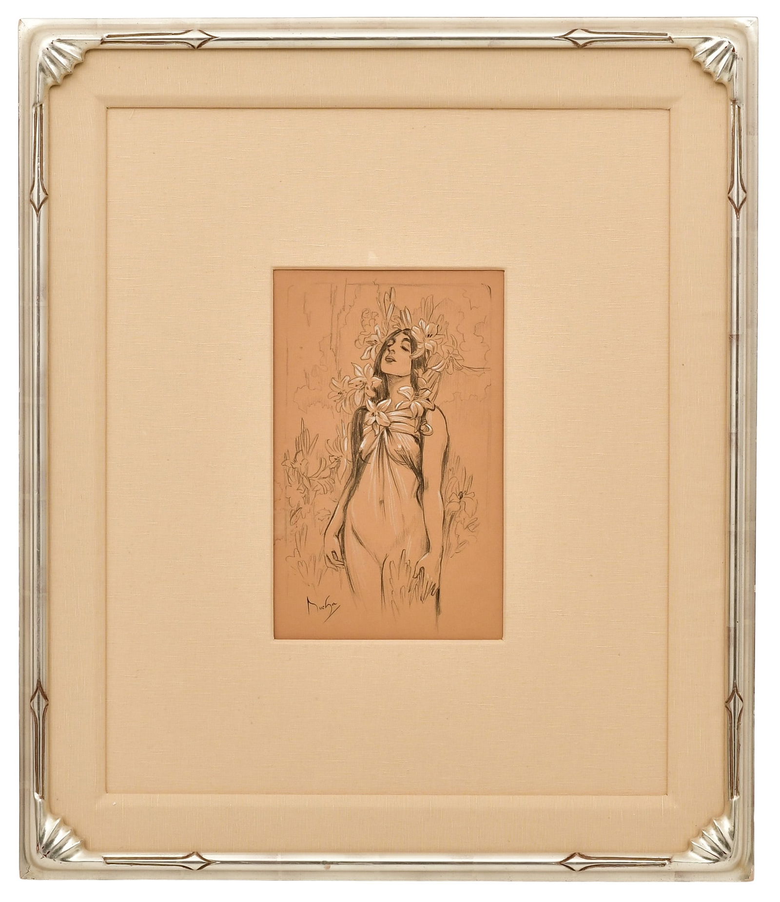 Alphonse Mucha (Czech, 1860-1939), Study for "The Flowers: Lily": Alphonse Mucha(Czech, 1860-1939)Study for "The Flowers: Lily"graphite on papersigned "Mucha" (lower left)12 x 7 1/4 x inches (sight)28 x 24 inches (frame)Provenance: Private Collection, Indi