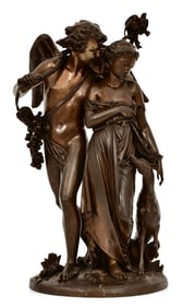 Auguste Joseph Carrier (French, 1800-1875), Bronze Sculpture of Cupid with a Woman, Dog & Birds
