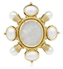 Elizabeth Gage 18K Yellow Gold, Pearl & Intaglio Brooch