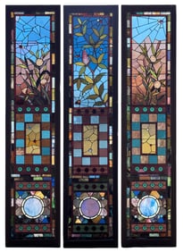Set of Three American Leaded Glass Floral Windows