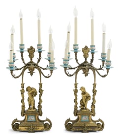 Pair of French Gilt Bronze & Porcelain Figural Candelabra