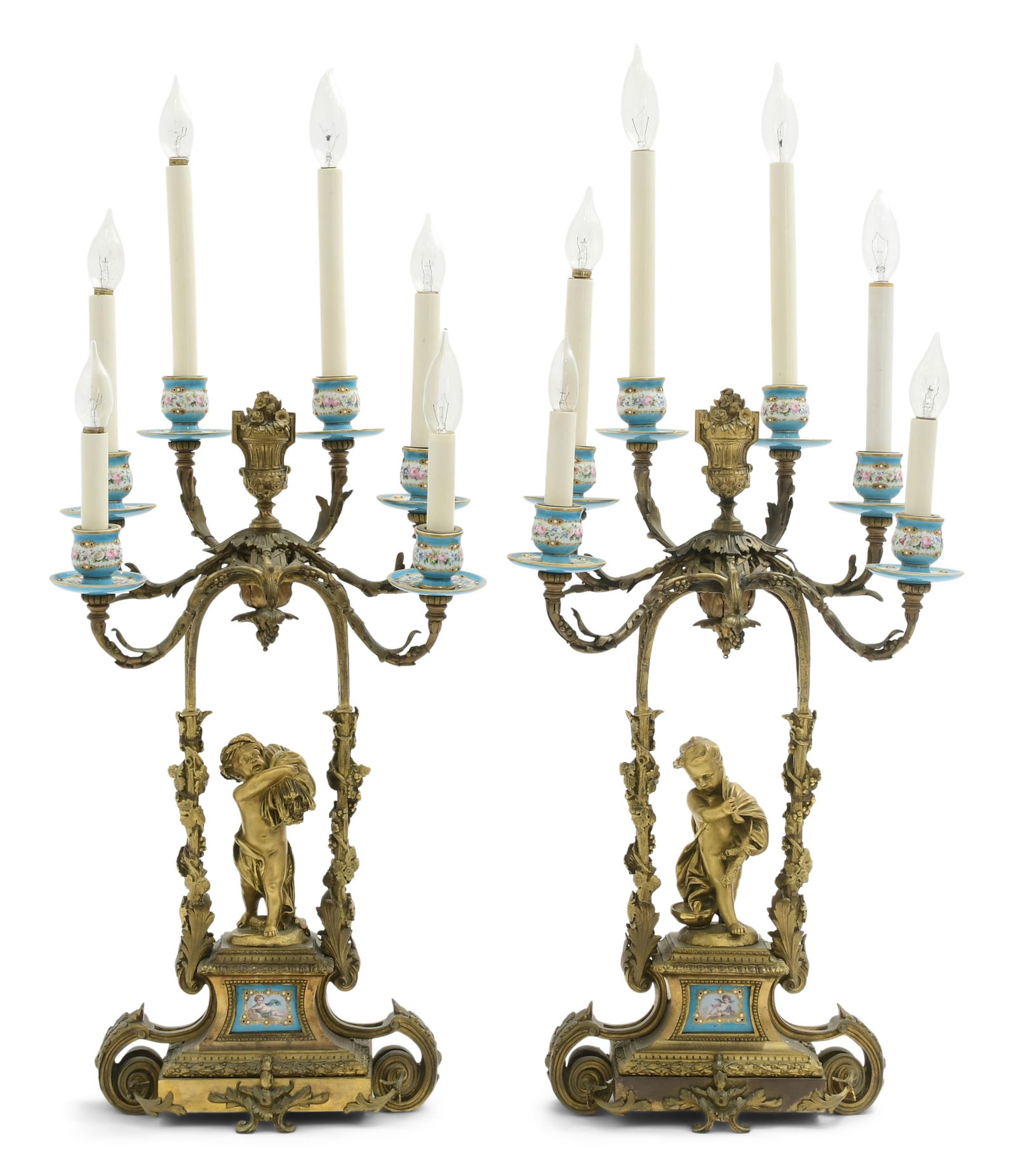 Pair of French Gilt Bronze & Porcelain Figural Candelabra (1 of 10)