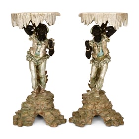 Pair of Venetian Carved & Polychrome-Painted Wood Blackamoor Plant Stands