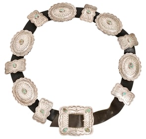 Albert Payton Sterling Silver, Leather & Turquoise Concho Belt C. 1920s