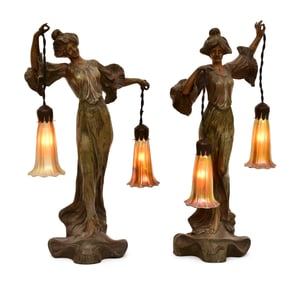 Pair of French Art Nouveau Figural Lamps, "Marguerites" (Daisies)