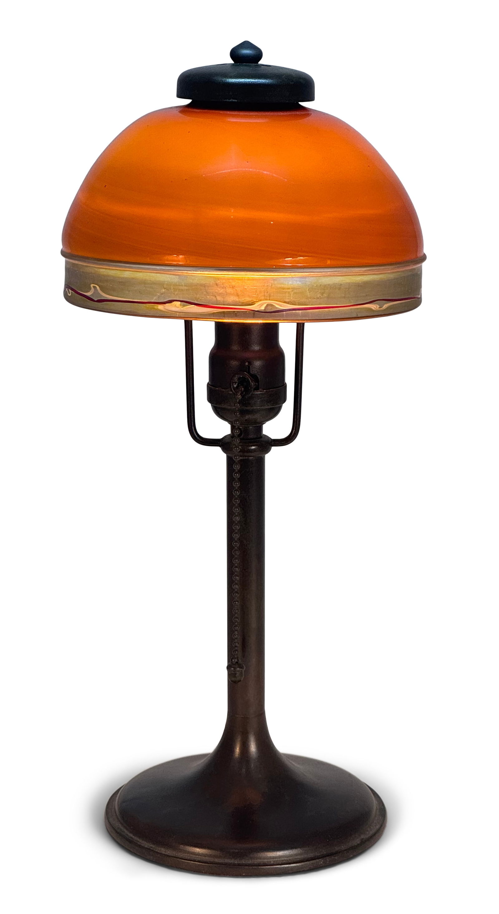 Handel / Steuben Boudoir Lamp: Handel / SteubenBoudoir Lampearly 20th centuryart glass, patinated metalshade signed with Fleur-De-Lisbase signed with cloth tag "Handel Lamps"15 1/4 x 7 inchesProvenance: Private Collection