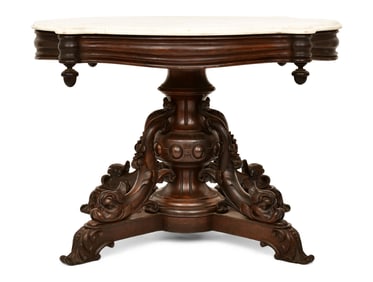 American Victorian Figural Carved Walnut Center Table with Marble Top