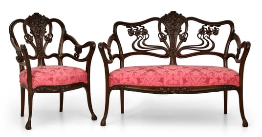 Art Nouveau Carved Mahogany Armchair & Settee