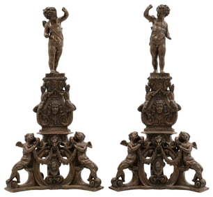 Pair of Italian Patinated Bronze Figural Andirons