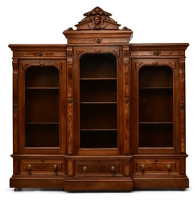 American Renaissance Revival Burl Walnut & Walnut Three-Door Bookcase