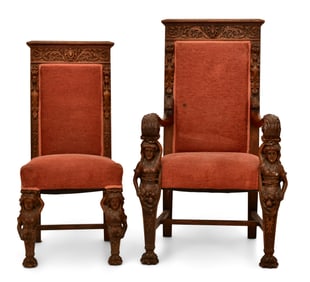 American Figural Carved Oak Armchair & Side Chair