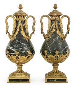 Pair of French Gilt Bronze-Mounted Marble Urns with Swan Handles